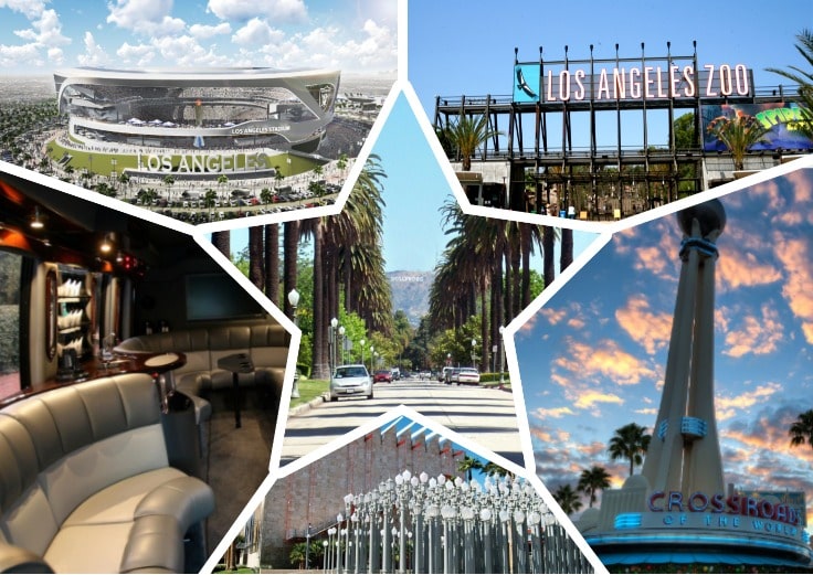 image is showing a collage about Los Angeles Zoo,, Los Angeles views and Los Angeles Stadium