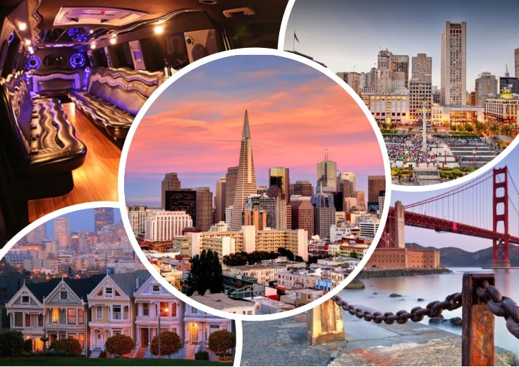 image is showing collage about san francisco sunset views and the interior of luxury limo