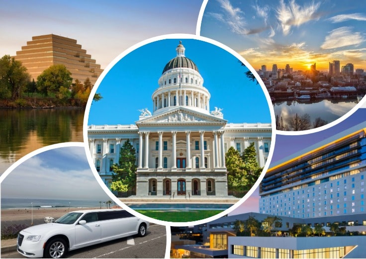 image is showing collage about sacramento views and white limo