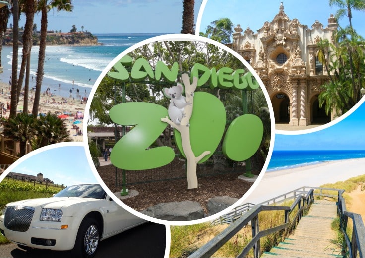 image is showing a collage about san diego beach views, san diego zoo, balboa park and white limo