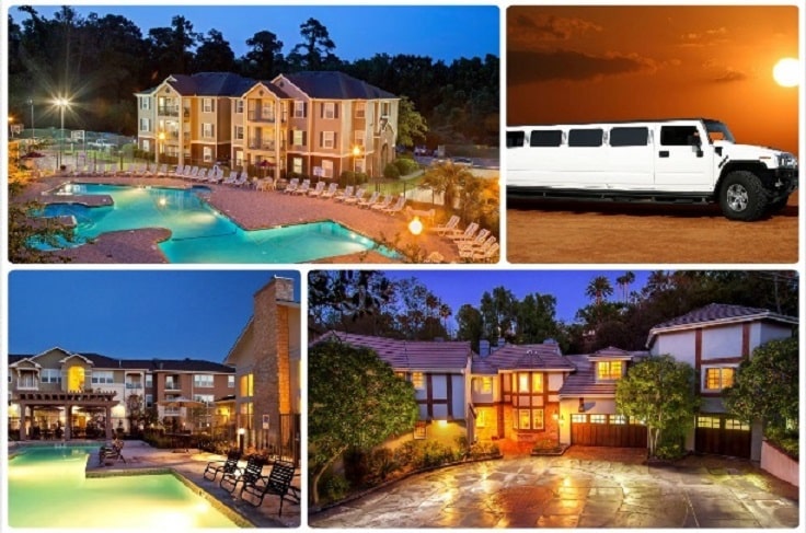 image is showing a collage about encino views and white hummer limo