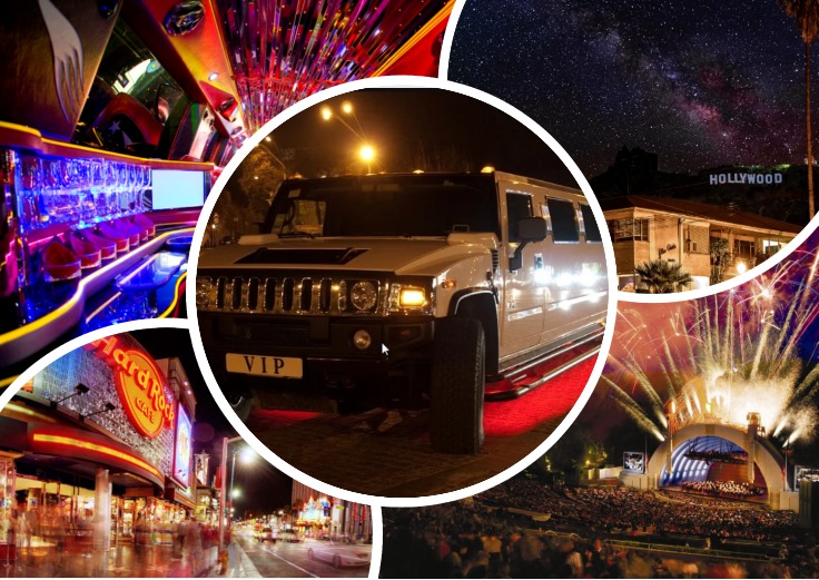 image is showing a collage about Hollywood Blvd view, Hollywood Bowl and white VIP limo at night time