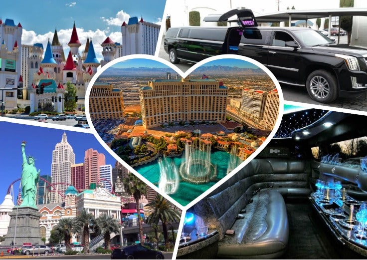 image is showing collage about Las Vegas views, black limo and the interior of luxury limo