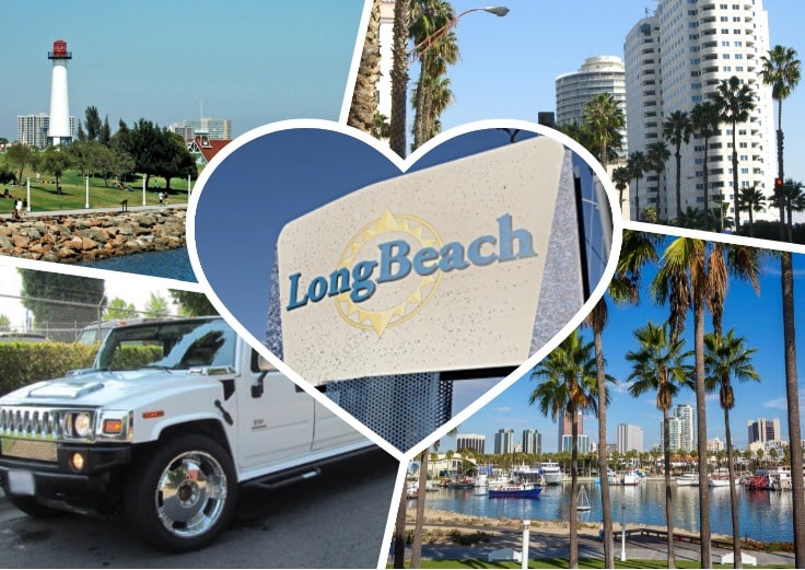 image is showing a collage about long beach views and white hummer limo