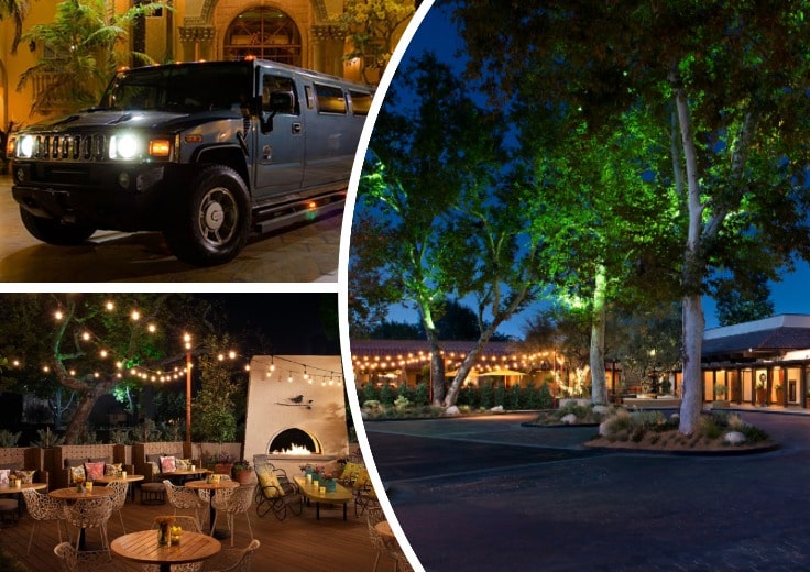 image is showing a collage about black hummer limo and North Hollywood view