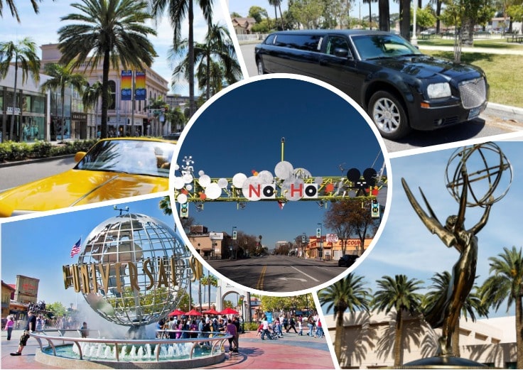 image is showing a collage about north hollywood sign, the emmy statue, universal studois fountain and black limo