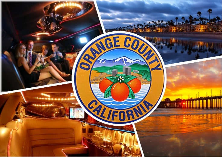 image is showing a collage about orange county sign and the interior of luxury limo