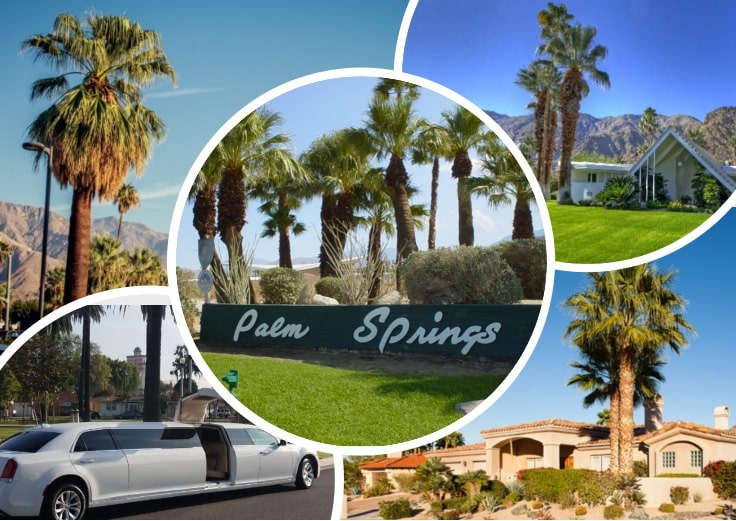 image is showing collage about palm springs views and white limo