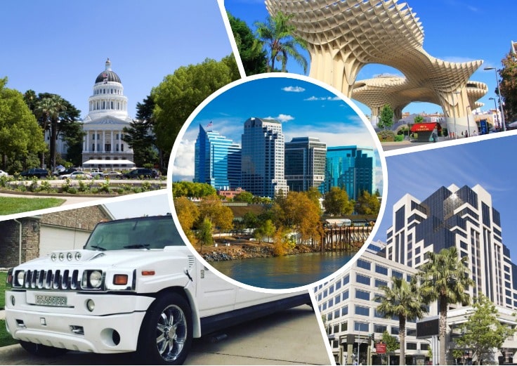 image is showing collage about sacramento views and white hummer limo