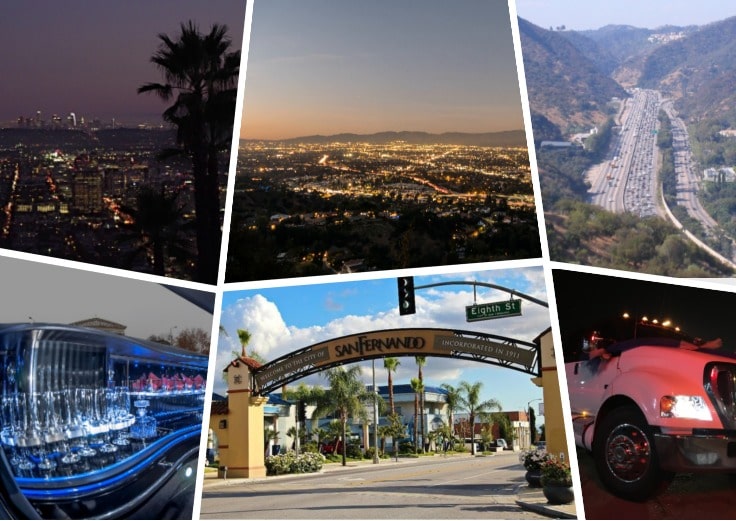 image is showing a collage about san fernando sign, san fernando valley views and white limo