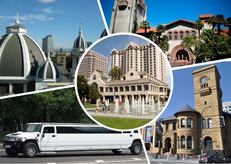 image is showing collage about san jose streets views and white limo