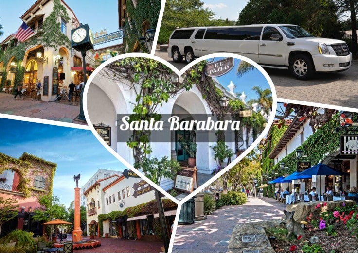 image is showing a collage about santa barbara views and white limo