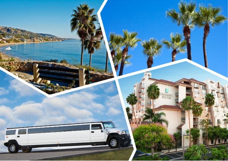 image is showing a collage about orange county views and white hummer limousine