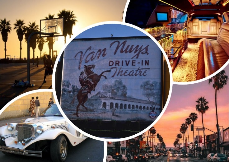 image is showing a collage about Van Nuys Drive-In Theatre sign, the road with palms at sunset and white limo