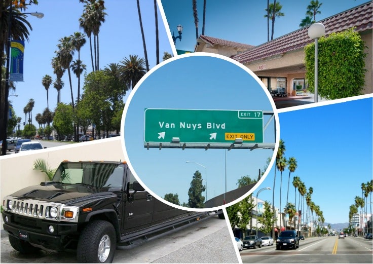 image is showing a collage about Van Nuys sign, the road with palms and black hummer limo