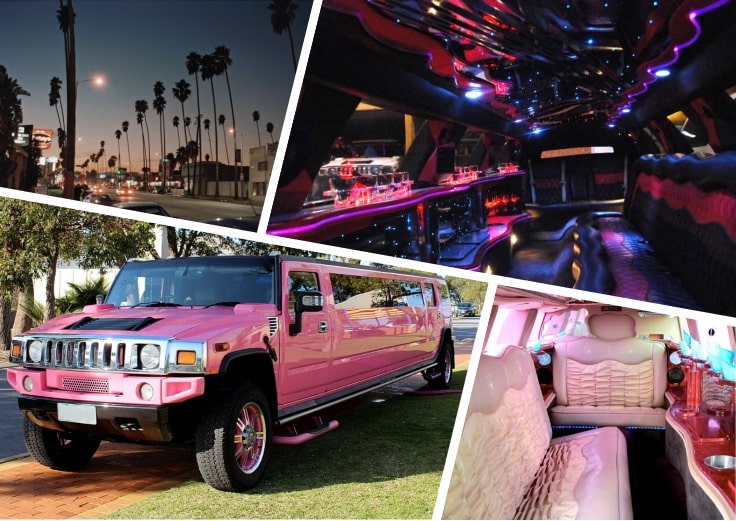 image is showing a collage about Van Nuys sign, the road with palms at night time and pink hummer limo