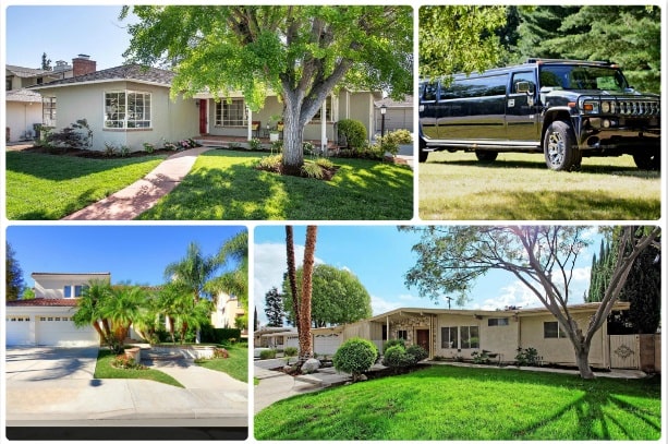 image is showing a collage about woodland hills views and black hummer limo