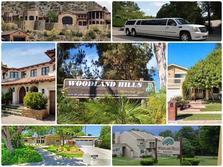 image is showing a collage about woodland hills views and white limo