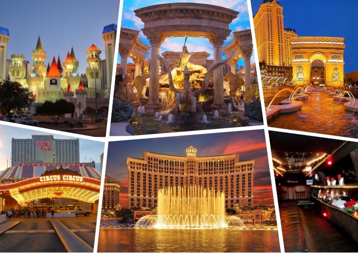 image is showing collage about Las Vegas views, circus hotel and the interior of luxury limo