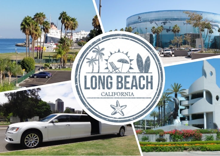 image is showing a collage about long beach views, aquarium and white limo