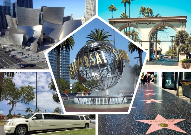 image is showing a collage about hollywood stars alley, Paramount Picture Gate, universal studois fountain and white limo