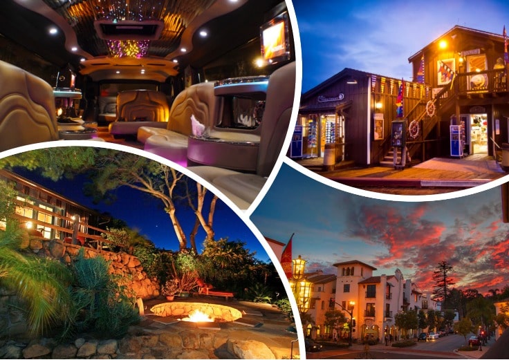 image is showing a collage about santa barbara night views and the interior of luxury limo