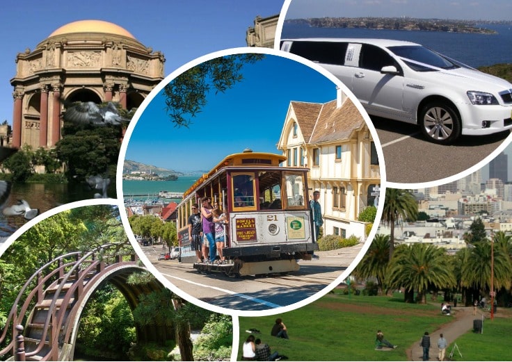 image is showing collage about san francisco views and white limo