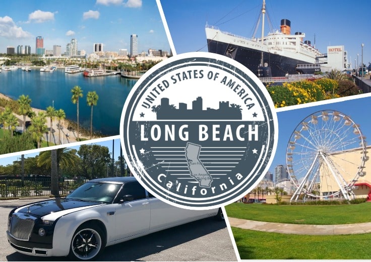 image is showing a collage about long beach views, Queen Mary Ship and limo