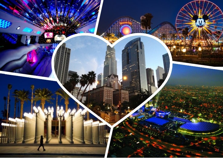 image is showing a collage about Disneyland, Los Angeles views and Los Angeles Downtown