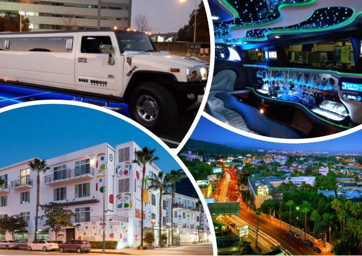 image is showing a collage about white hummer limo and North Hollywood view