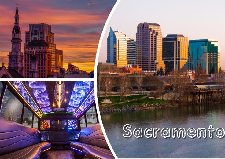 image is showing collage about sacramento views and the interior of luxury limo