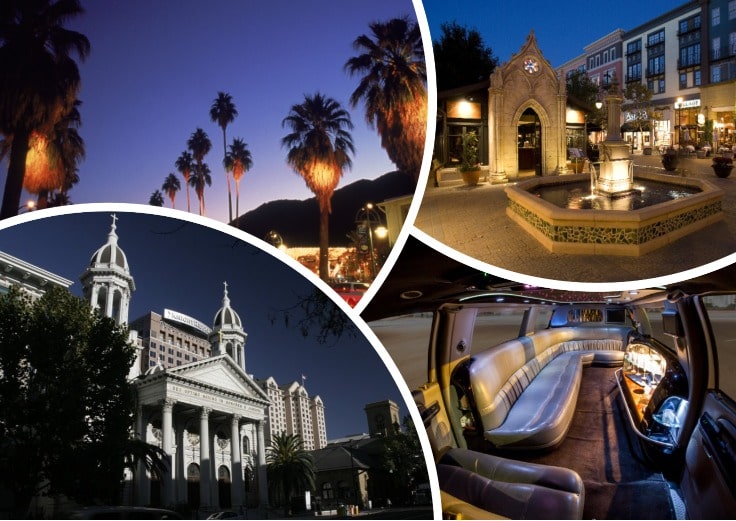 image is showing collage about san jose night views and the interior of luxury limo