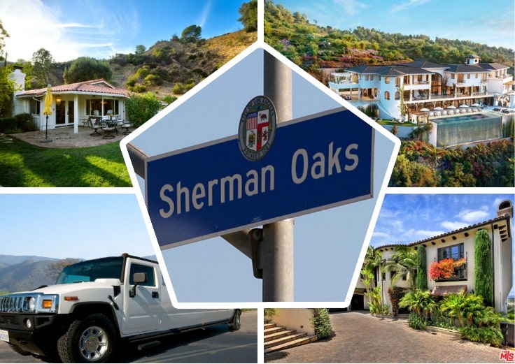 image is showing a collage about sherman oaks sign, sherman oaks views and white hummer limo