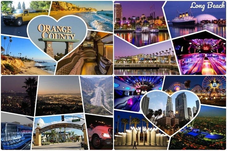 image is showing collage about limo services collages in Orange County and Long Beach