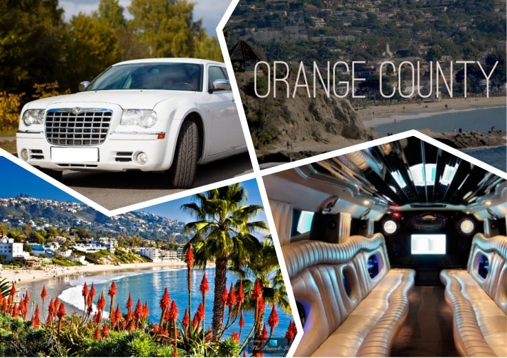 image is showing a collage about orange county sign, white limousine and the interior of luxury orange county limo