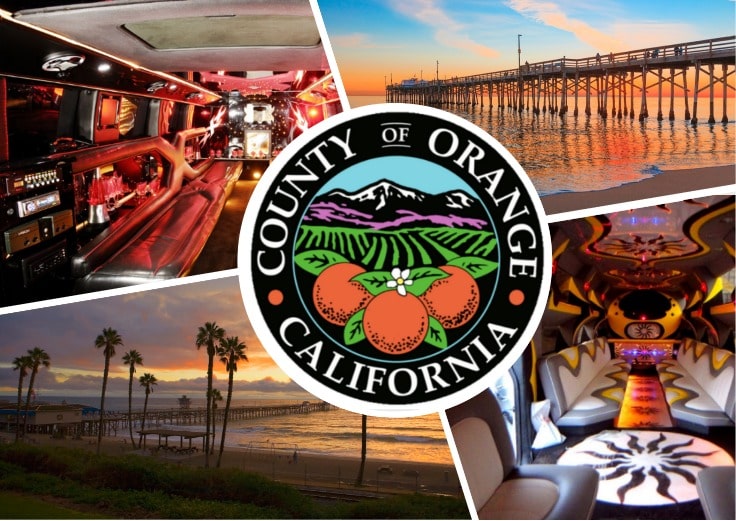 image is showing a collage about orange county sign, limousine service and the interior of luxury limo