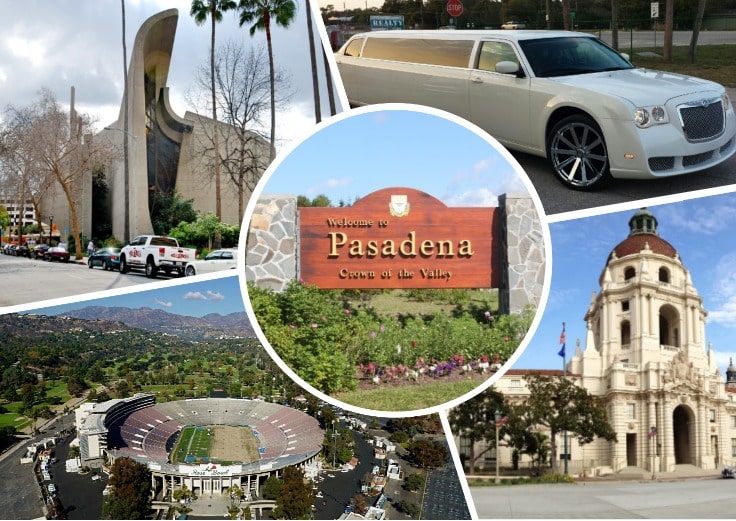 image is showing a collage about Pasadena sign, a stadium, a church and white limo