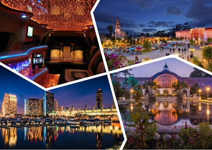 image is showing a collage about san diego night view, balboa park and the interior of luxury limo at night time