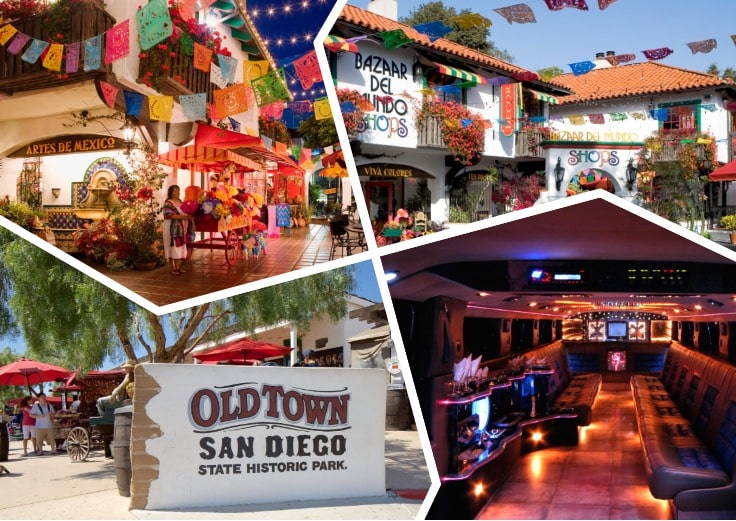 image is showing a collage about san diego old town views and the interior of luxury limo