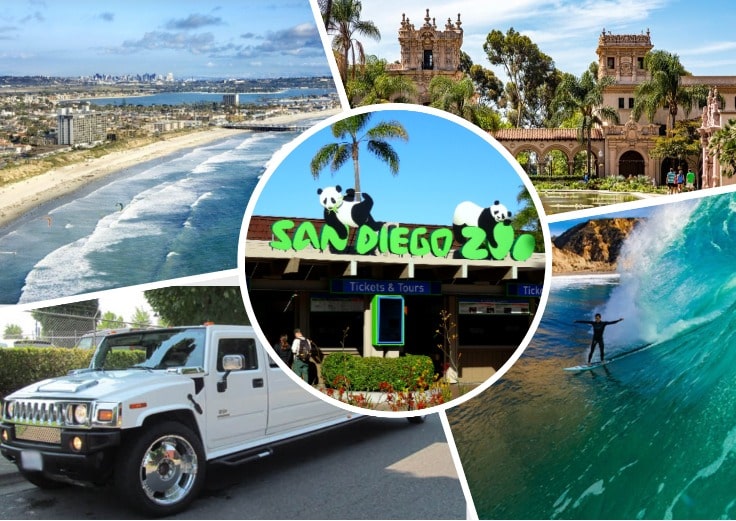 image is showing a collage about san diego beach views, san diego zoo, balboa park and white hummer limo