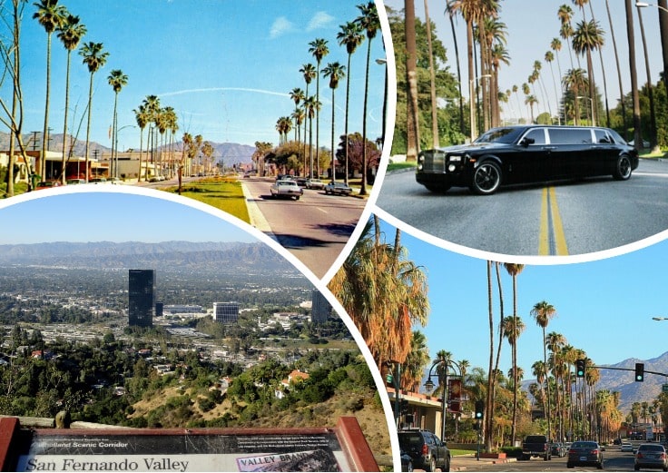 image is showing a collage about san fernando valley views and black limo