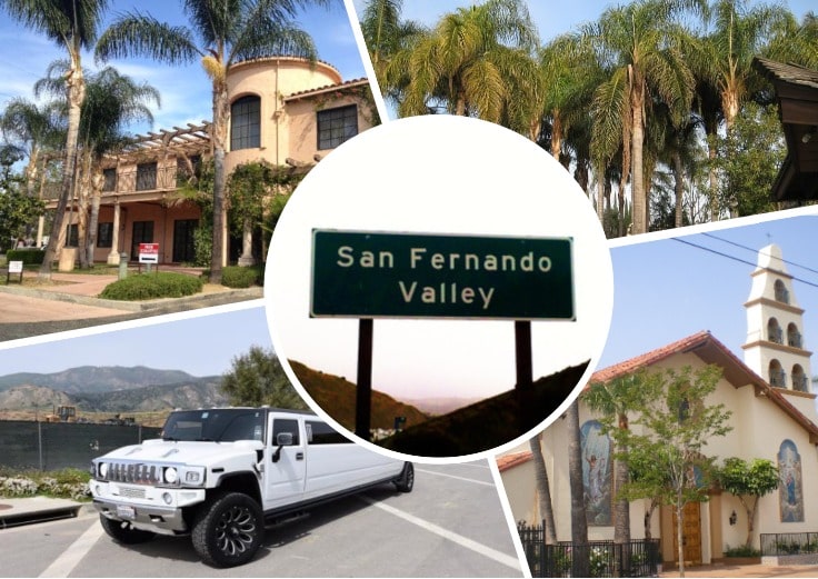 image is showing a collage about San Fernando sign, the road with palms and white hummer limo