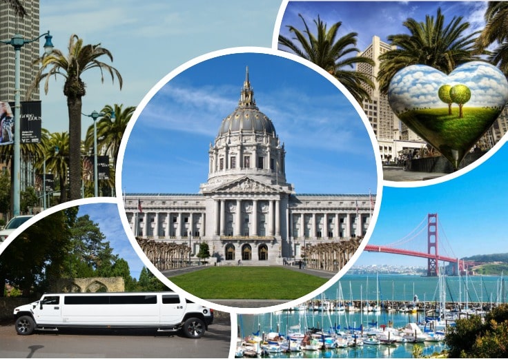 image is showing collage about san francisco views, golden gate and white limo