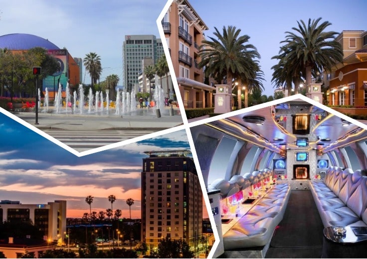 image is showing collage about san jose sunset views and the interior of luxury limo