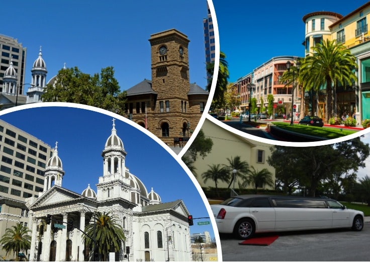 image is showing collage about san jose views and white limo