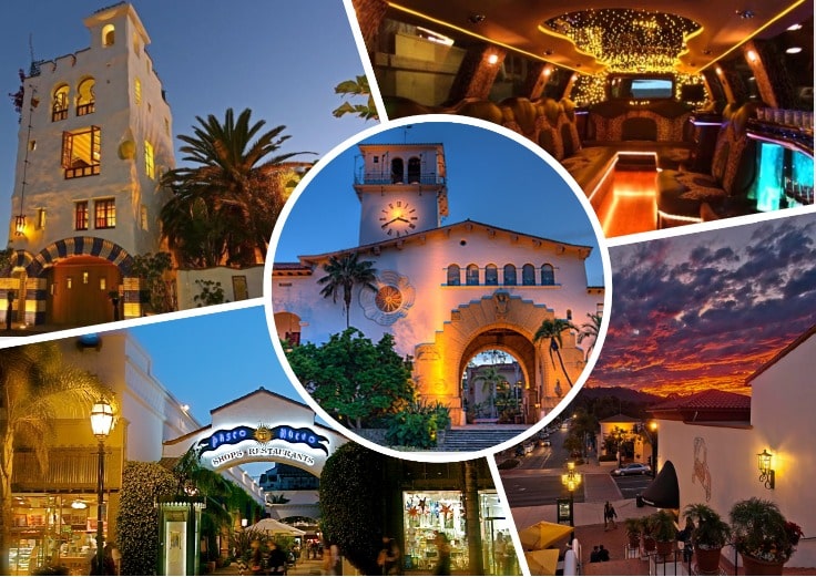 image is showing a collage about santa barbara sunset views and the interior of luxury limo