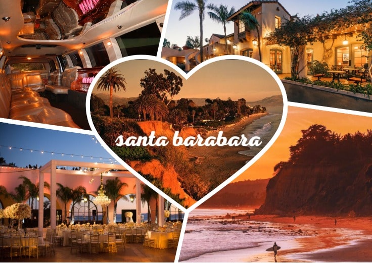 image is showing a collage about santa barbara views and the interior of luxury limo