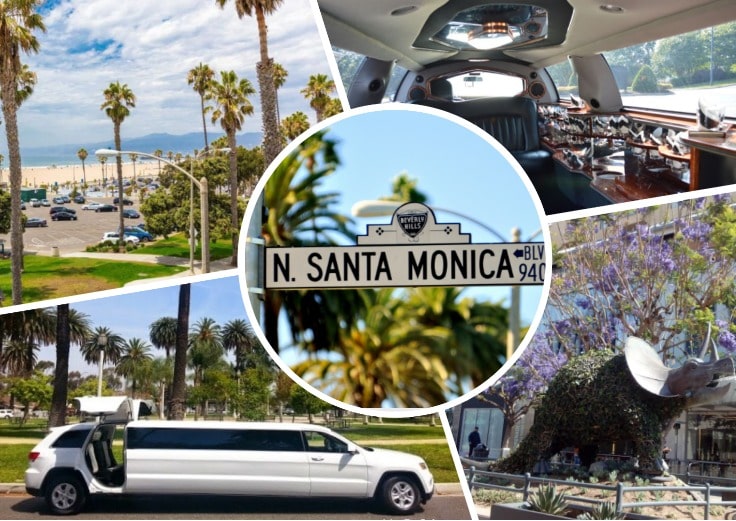 image is showing a collage about Santa Monica views and white limo