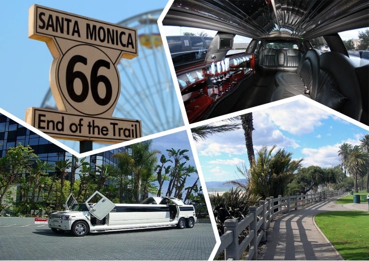 image is showing a collage about Santa Monica sign and white limo