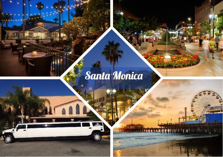 image is showing a collage about Santa Monica views and white limo at night time